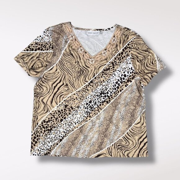 Rebecca Malone Animal Print Short Sleeve Top Crochet Beaded Neckline Size XL - Picture 9 of 9